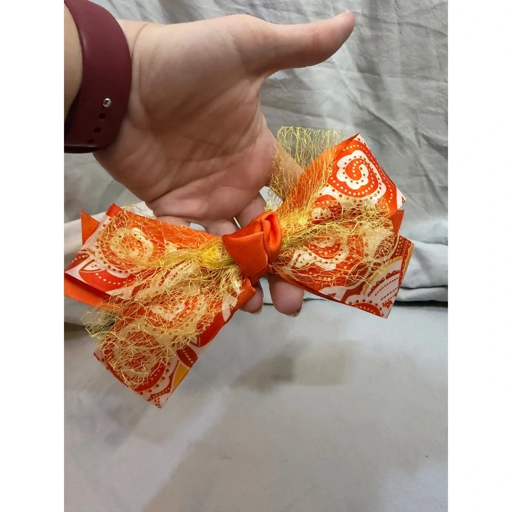 Orange Yellow Paisley Print Hair Bow Alligator Clip Textured Mesh Overlay